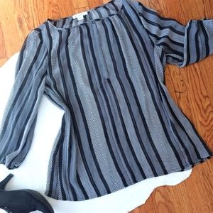Liz Claiborne • Women's Black & White Striped Lantern Sleeve Sheer Tunic Blouse